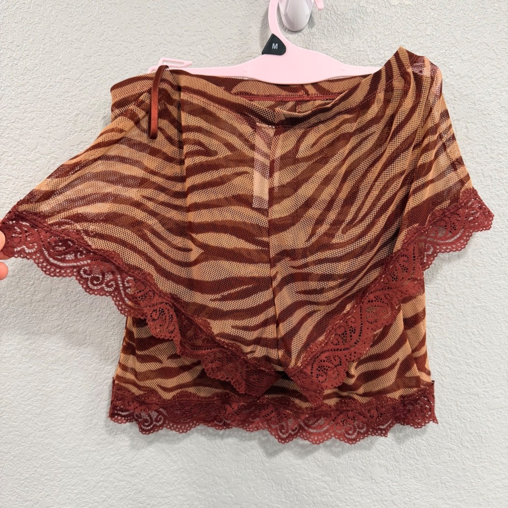 NEW $86 Bed of Roses Women M Lingerie Zebra Mesh Lace Cami Shorts Set Brown Tan - Picture 4 of 4